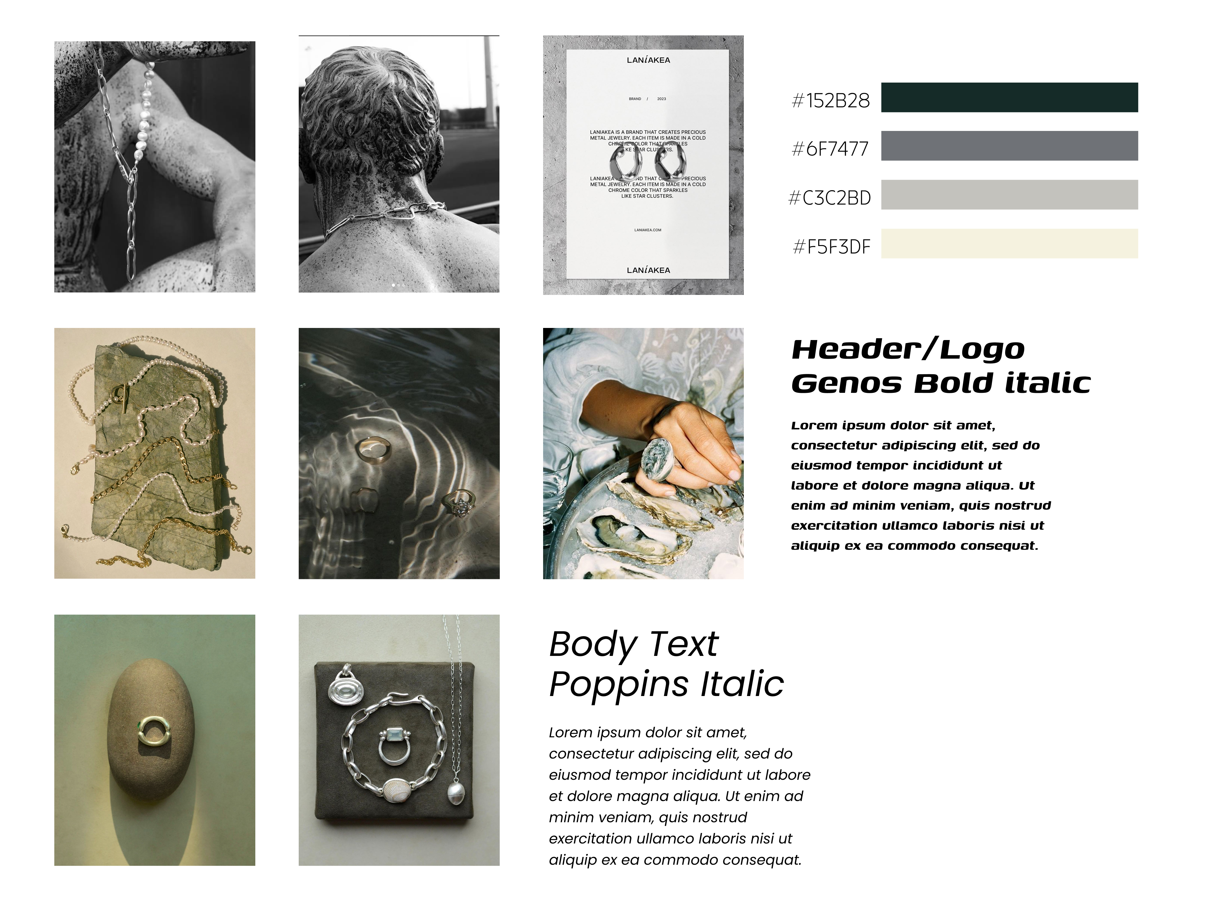 Visual identity moodboard for a handcrafted jewelry brand. Includes eight images showcasing gold and silver jewelry styled on statues, stones, and underwater scenes, highlighting an organic, artistic aesthetic. Features a minimalist color palette (#152B28, #6F7477, #C3C2BD, #F5F3DF) and modern typography choices: Genos Bold Italic for headers and Poppins Italic for body text. Demonstrates branding elements for an artisanal jewelry webshop.